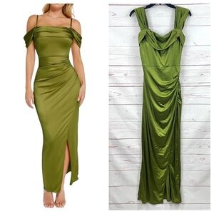 Popilush Shapewear Off Shoulder Shine Ruched Sculpting Olive Green Maxi Dress